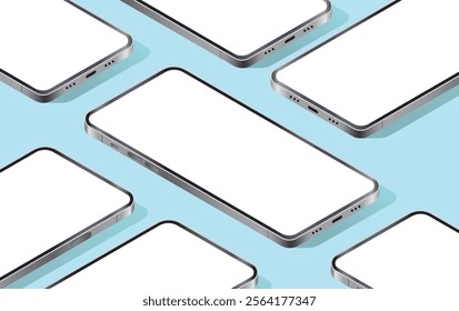 Isometric mobile phone mockup template - Vector illustration of set of smartphones in various angles with white empty screen in 3d flat perspective view on blue background