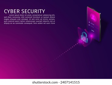 Isometric mobile phone network security background. Mobile data security modern concept. A shield of the phone from virus attacks vector illustration.