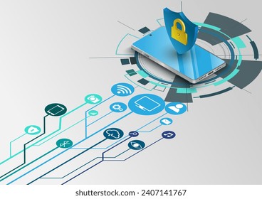 Isometric mobile phone network security background. Mobile data security modern concept. A shield of the phone from virus attacks vector illustration.