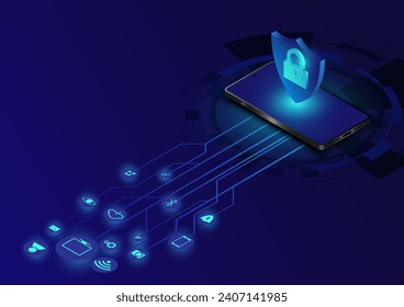 Fondo de seguridad de la red de telefonía móvil isométrica. Concepto moderno de seguridad de datos móviles. Un escudo del teléfono de la ilustración vectorial de ataques de virus.