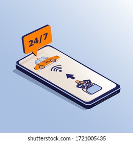 Isometric mobile phone for order taxi service online 24/7. Flat vector illustration in bright colors. Dynamic trendy design, classic blue color, speech bubble