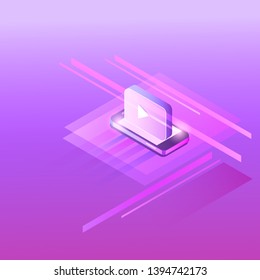 Isometric mobile phone with play button. Concept of music, video, media, Neon isometric illustration. Vector.