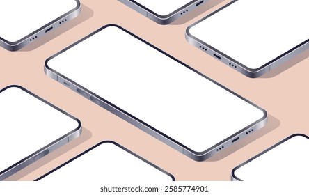 Isometric mobile phone screen template - Set of unbranded smartphones in perspective top view with white empty screens. Mockup of website or app presentation vector illustration
