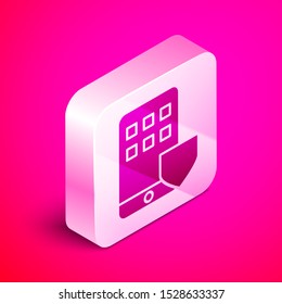 Isometric Mobile phone with shield icon isolated on pink background. Smartphone insurance. Security, safety, protection, protect concept. Silver square button. Vector Illustration