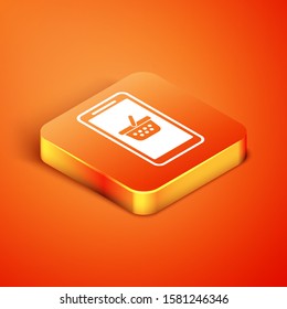 Isometric Mobile phone and shopping basket icon isolated on orange background. Online buying symbol. Supermarket basket symbol.  Vector Illustration