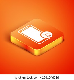 Isometric Mobile phone and shopping cart icon isolated on orange background. Online buying symbol. Supermarket basket symbol.  Vector Illustration