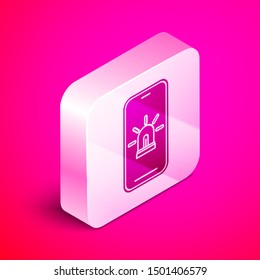 Isometric Mobile phone with smart house and alarm icon isolated on pink background. Security system of smart home. Silver square button. Vector Illustration