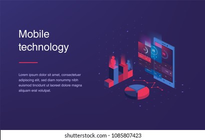 Isometric mobile phone. Smart and simple web interface with different apps and icons. 3d vector. Web banner with laptop and currency. Isometric gradient style. Home page concept. UI design mockup