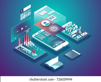 Isometric mobile phone. Smart and simple web interface with different apps and icons. 3d vector illustration.