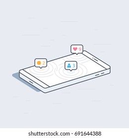 Isometric mobile phone with social network notifications concept. Colorful modern vector illustration.