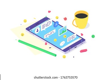 Isometric mobile phone technology design smartphone internet aplicación social de pantalla icono de pantalla plana digital vector ilustración. 3d concepto teléfonos de red iconos web smartphones texto aislado en fondo blanco