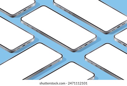 Isometrisches Handy-Vektorgrafik-Mockup - Gruppe von vielen Smartphones mit leeren weißen Blindbildschirmen in verschiedenen Winkeln ordentlich organisiert Top-Down-Perspektive-Ansicht auf blauem Hintergrund