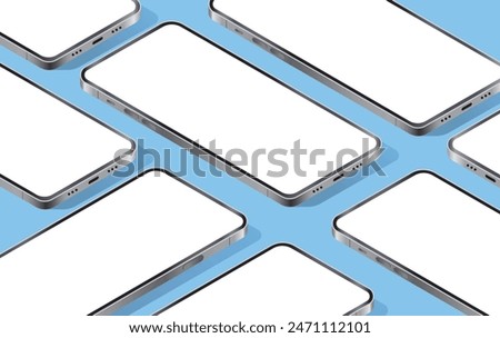 Isometric mobile phone vector mockup - Group of many smartphones with empty white blank screens neatly organised in various angles top down perspective view on blue background