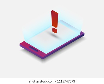 Isometric mobile phone with warning icon. 3D vector illustration of smartphone on white flat surface.