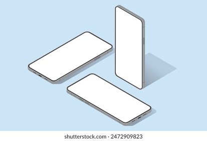 Isometric mobile phones vector mockup - Template Illustration of unbranded smartphones in various angles with blank empty white screen on blue background