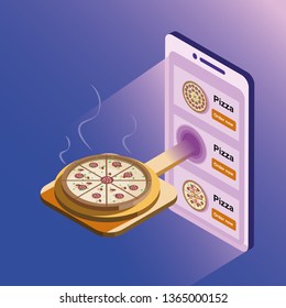isometric mobile pizza delivery application. Mobile phone and pizza in isometry on a blue background.
