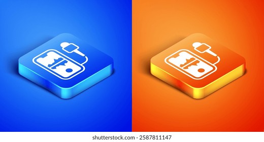 Isometric Mobile recording icon isolated on blue and orange background. Mobile phone with microphone. Voice recorder app smartphone interface. Square button. Vector