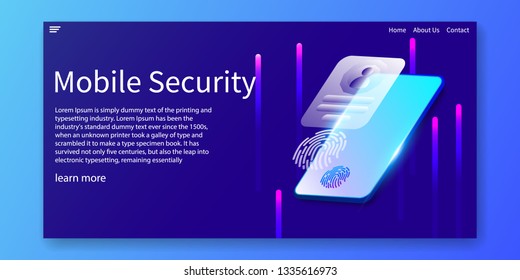 Isometric Mobile Security and Biometrics identification concept, fingerprints, facial recognition, Web template design.vector illustration.