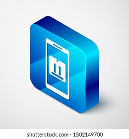 Isometric Mobile smart phone with app delivery tracking icon isolated on white background. Parcel tracking. Blue square button. Vector Illustration