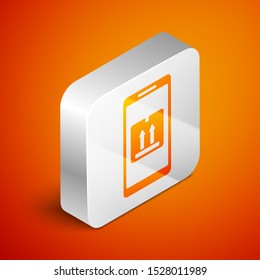 Isometric Mobile smart phone with app delivery tracking icon isolated on orange background. Parcel tracking. Silver square button. Vector Illustration