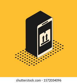 Isometric Mobile smart phone with app delivery tracking icon isolated on yellow background. Parcel tracking.  Vector Illustration