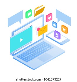 Isometric Mobile smartphone services cloud concept. Strategies for inbound marketing, SEO, Social media, Content, video and email. Inbound bound marketing. Flat Vector Illustration