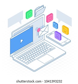 Isometric Mobile smartphone services cloud concept. Strategies for inbound marketing, SEO, Social media, Content, video and email. Inbound bound marketing. Flat Vector Illustration