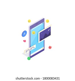 Isometric mobile social media chat app. Phone application with message, emoji and bubble for network talk. Cellphone - messages, bubbles for online conversation vector illustration on white background