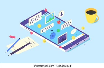 Isometric mobile social media chat app. Phone application with message, emoji and bubble for network communication. Smartphone with messages, bubbles for online conversation flat vector illustration