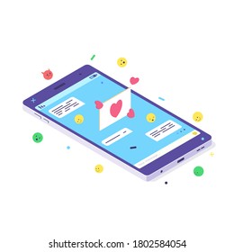 Isometric mobile social media chat app. Phone application with message, emoji and bubble for digital communication. Smartphone with bubbles and like for millenial talk flat vector illustration