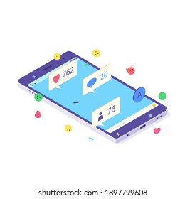 Isometric mobile social media chat app. Phone application with message, emoji and bubble for network talk. Cellphone - messages, bubbles for online conversation vector illustration on white background