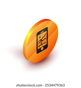 Isometric Mobile ícone de conceito de negociação de ações isolado no fundo branco. Negociação on-line, análise de mercado de ações, negócios e investimento. Botão de círculo laranja. Vetor