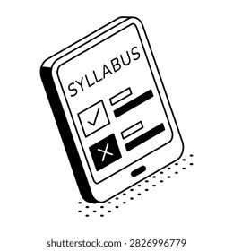 Isometric mobile syllabus document displaying course sections and lesson details.