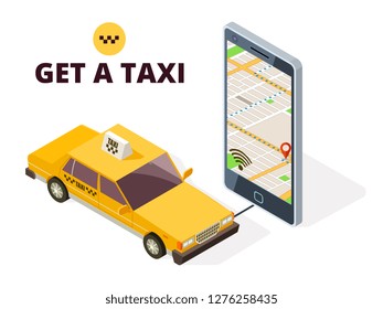 Isometric mobile taxi and gps city map. Navigation system for taxi and life with 3D smartphone and taxi car