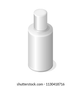 Isometric mock-up of white plastic bottle with cap vector illustration. Cosmetic package.