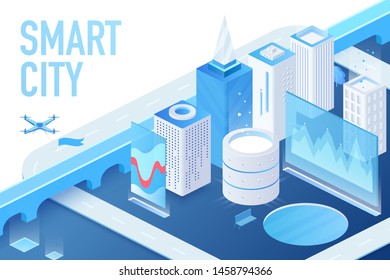 Isometric model of modern smart city with data centers, servers and matrix crypto blockchain buildings vector illustration.