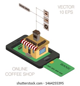 Isometric model of online coffee shop. Virtual order menu. Illustration of payment by card via the Internet. Infographics of online sales. For mobile applications, websites. Isolated object on white 