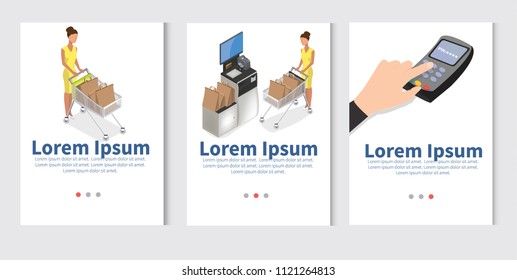 Isometric model of Self Checkout Shop Cashier. Self service cash device in flat design with cash machine, monitor, scanner and money bill. -stock vector