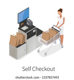 Isometrisches Modell der Self-Checkout Shop Kasse. Selbstbedienungsgerät in flachem Design mit Geldautomat, Monitor, Scanner und Geldwechsel. -Vektorillustration