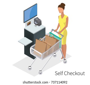 Isometric Model Of Self Checkout Shop Cashier. Self Service Cash Device In Flat Design With Cash Machine, Monitor, Scanner And Money Bill. -stock Vector