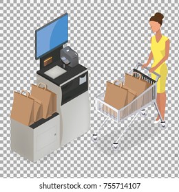 Isometric model of Self Checkout Shop Cashier on transparent background. Self service cash device in flat design with cash machine, monitor, scanner and money bill. -stock vector