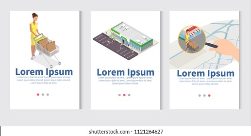 Isometric model of typical supermarket chain. Grocery store exterior with parking and shopping carts. Retail business concept. Flat isometric illustration. -stock vector
