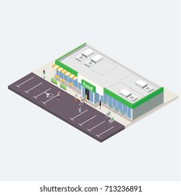 Isometric model of typical supermarket chain. Grocery store exterior with parking and shopping carts. Retail business concept. Flat isometric illustration. -stock vector
