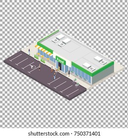 Isometric model of typical supermarket chain on transparent background. Grocery store exterior with parking and shopping carts. Retail business concept. Flat isometric illustration. -stock vector
