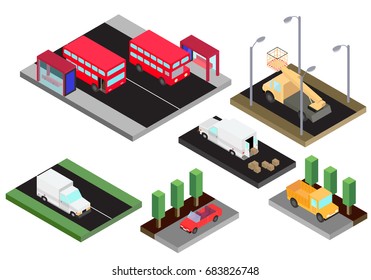 Isometric Model Of Various Isolated Cars Double-decker Red Bus, Truck, Bucket Truck, Cabriolet, Van In Vector