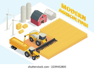 Isometric modern agriculture composition with automatic wheat harvester greenhouse wind turbines barn 3d vector illustration