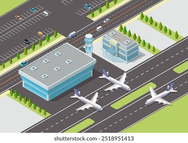 Isometric modern airport view.  Vector Illustration