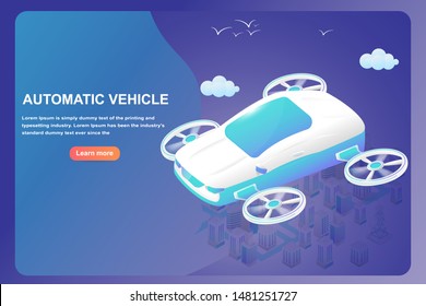 Isometric modern automatic smart vehicle or Flying Car. Save the world and green energy innovation high technology concept. Vector illustration landing page and website template in 3D style.