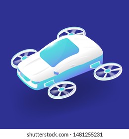  Isometric modern automatic smart vehicle or Flying Car. Save the world and green energy innovation high technology concept. Vector illustration in 3d style.