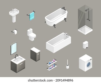 Isometric modern bathroom furniture collection vector illustration